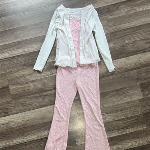 Pink Floral Set with White Cardigan